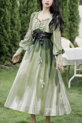 Green French Oil Painting Square Collar Long Sleeves High Waisted Long Sweet Lolita OP Dress - Green - 1