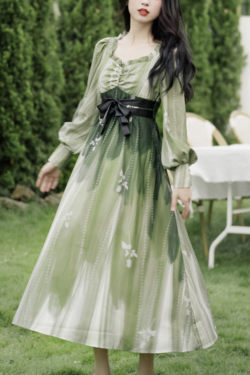 Green French Oil Painting Square Collar Long Sleeves High Waisted Long Sweet Lolita OP Dress - Green - 1