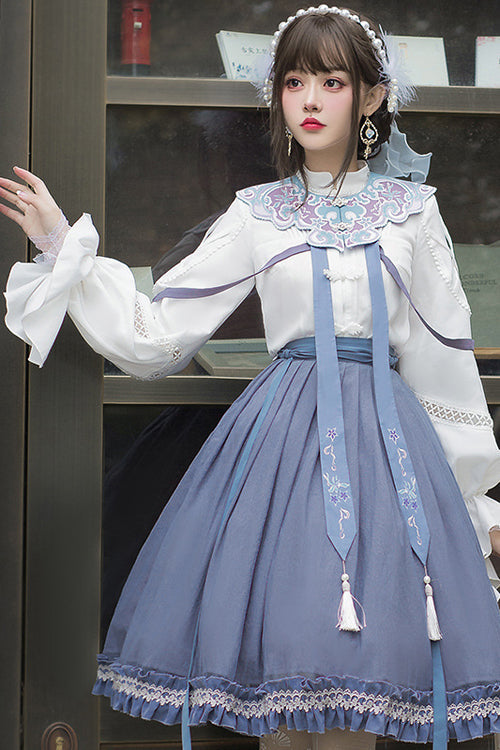 White/Blue Chinese Style Hollow Long Sleeve Classic Lolita Dress Full Set - Product - 3