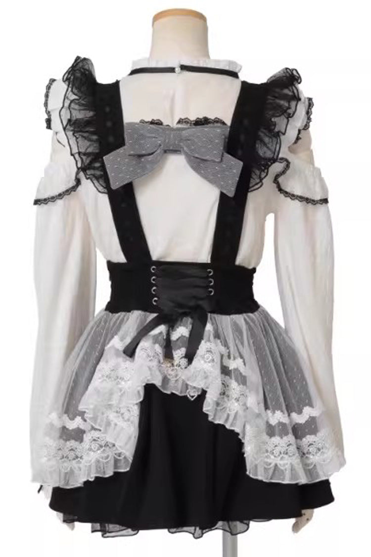 Sweet Sheer Overlay Maid Ruffled Bow Lace-Up Jirai Kei Japanese Suspender Skirt 3 Colors - Product - 4
