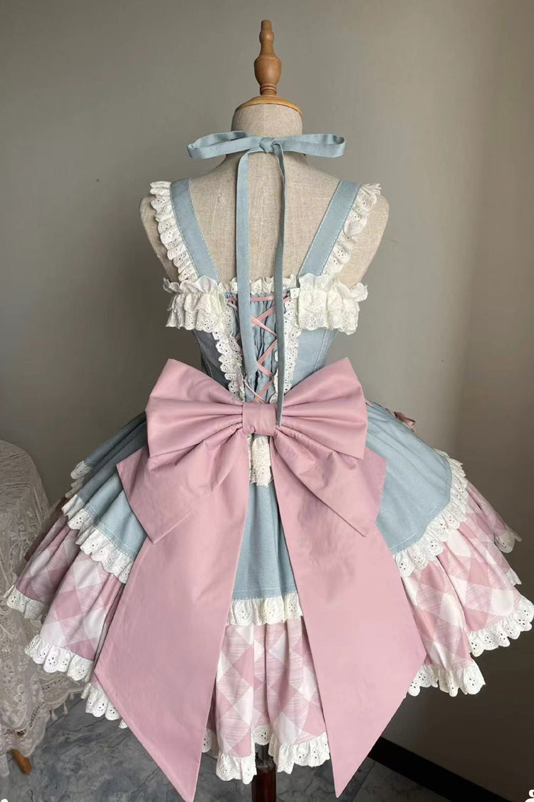 Blue/Pink [Sweetheart Cowboy] Plaid Print Ruffle Bowknot Sweet Lolita Skirt Set - Product - 9