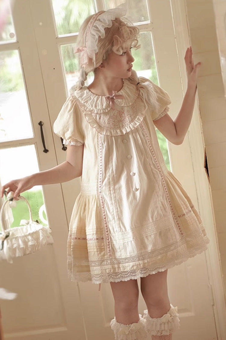 Light Yellow Doll Collar Short Sleeves Little Angel Print Bowknot Lace Sweet Lolita Dress - Light-Yellow - 1