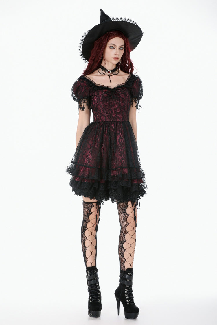 Black/Red Star Square-cut Collar Short Sleeves Lace Women's Gothic Priness Dress Graduation Dress - Product - 10