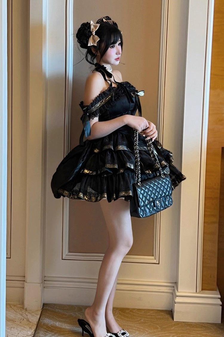 Black [Princess Ribbon] Off Shoulder Triple-Layered Ruffle Bowknot Sweet Lolita Dress - Product - 8