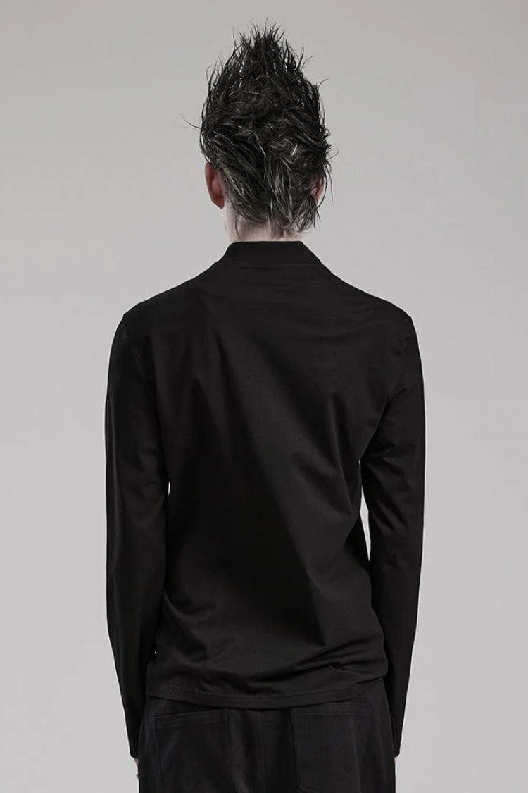 Black Long Sleeves Faux Leather Stitching Mens Steampunk Blouse - Product - 3