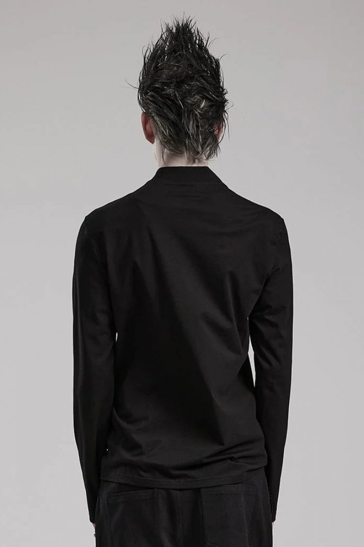 Black Long Sleeves Faux Leather Stitching Mens Steampunk Blouse - Product - 3