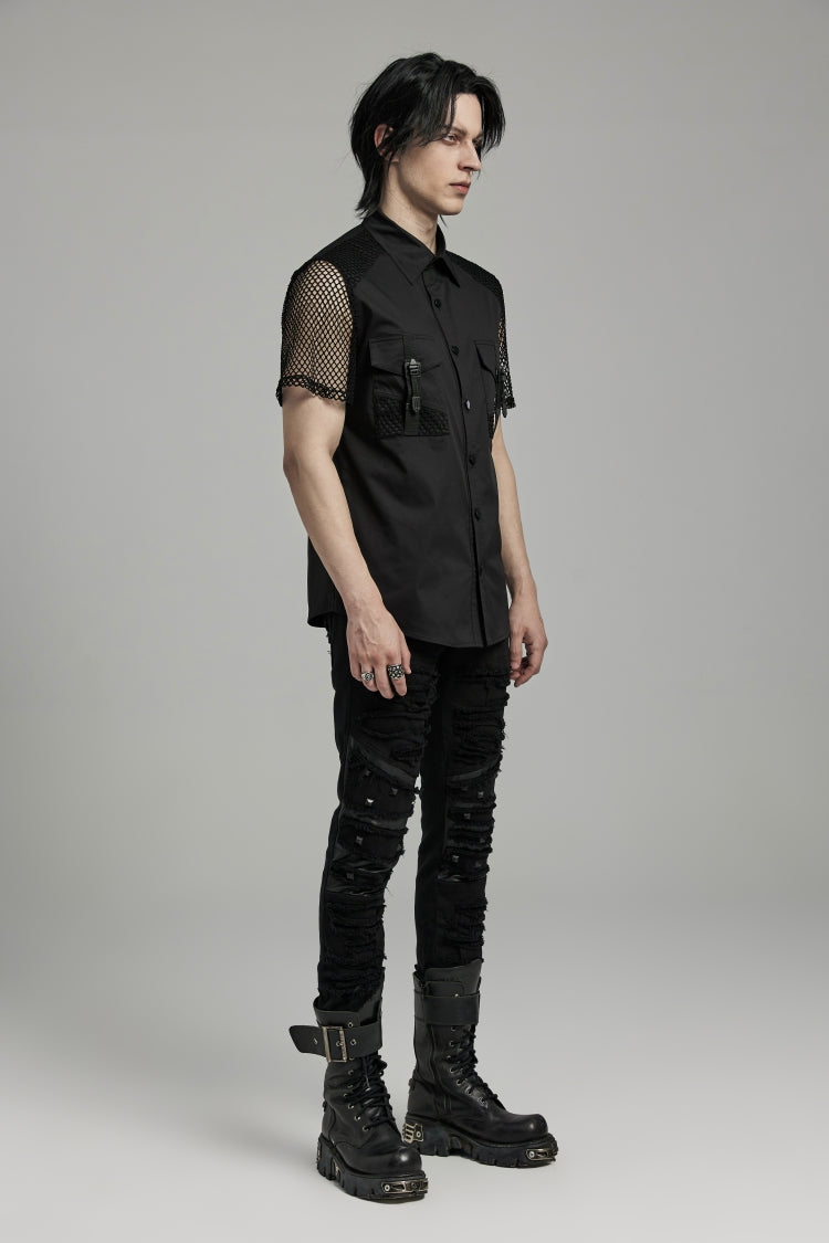 Black Lapel Collar Short Sleeves Mesh Stitching Men's Punk Blouse - Product - 3