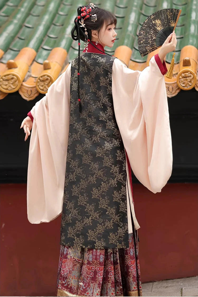 Black/Red Round Collar High Waisted Hot Stamping Embroidery Chinese Style Hanfu Dress Three Piece - Product - 6