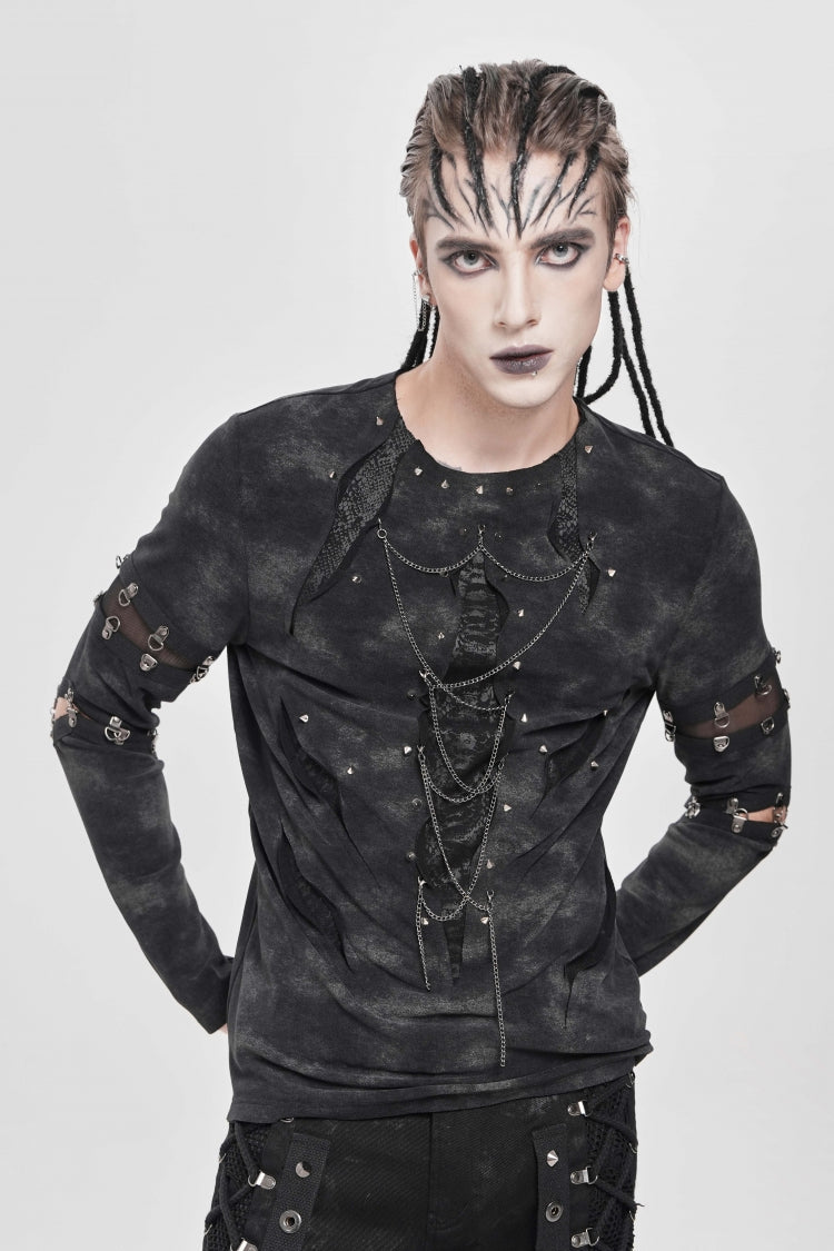 Black Long Sleeves Cutout Rivets Chain Men's Punk Blouse - Product - 4