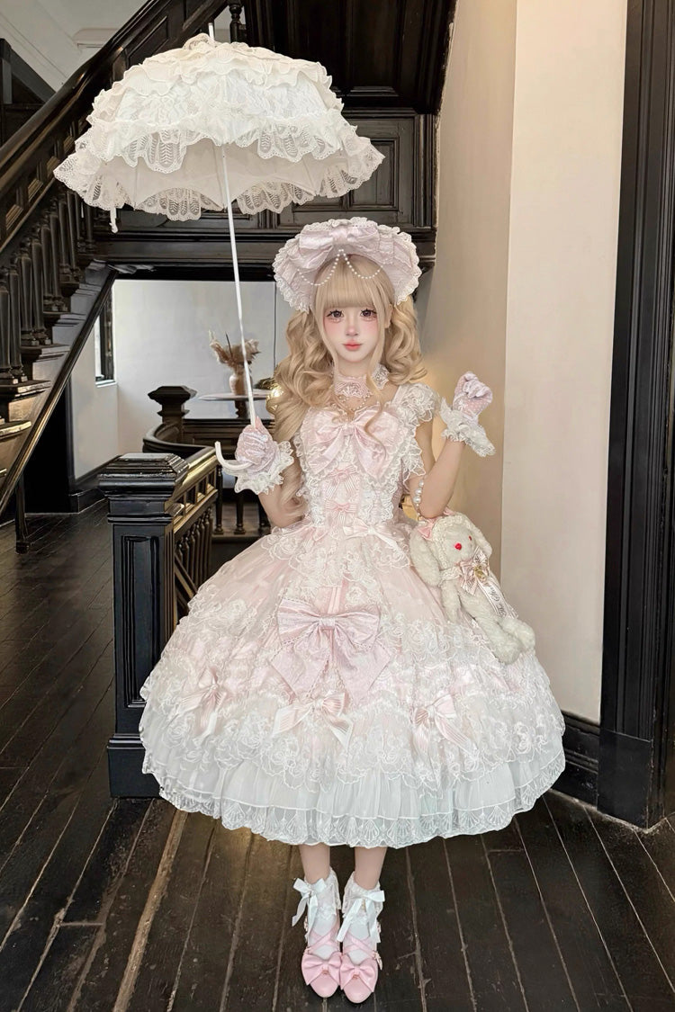 Pink [Sakura Dream Romance] Sleeveless Multi-Layered Ruffled Hanayome Bow Lace Sweet Princess Lolita Jsk Dress - Product - 6