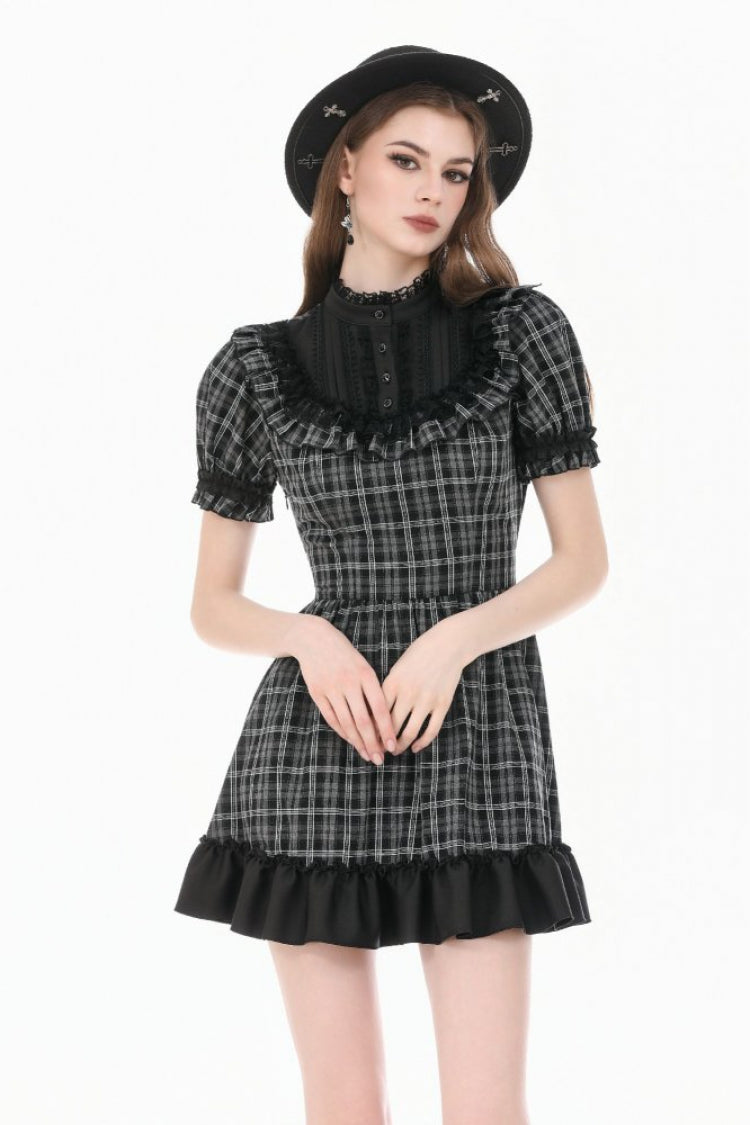 Black/White Plaid Stand Collar Short Puff Sleeves Ruffled  Lace Lace-Up Women's Lolita Gothic Dress - Black/White - 1