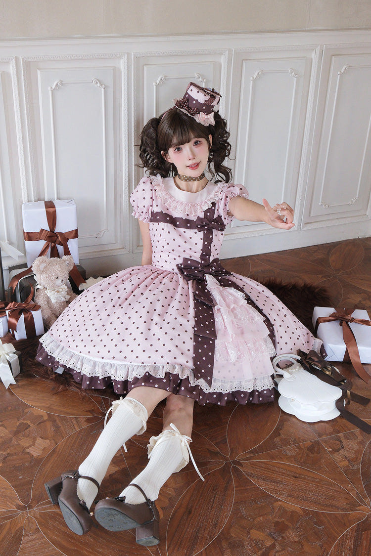 Pink [Canelé Gift Box] Round Collar Short Sleeves Double-Layered Printed Polka Dot Ruffled Open-Front Bow Asymmetric Sweet Lolita Dress - Product - 16