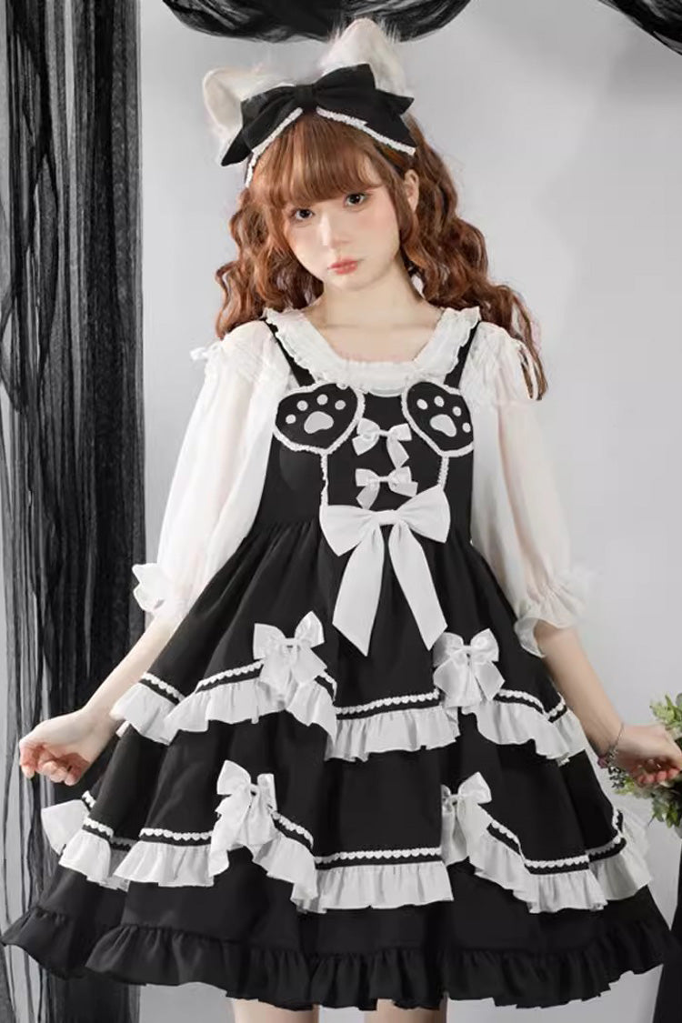 Black/White Bear Paw Print Ruffle Bowknot Sweet Princess Lolita Jsk Dress - Product - 2