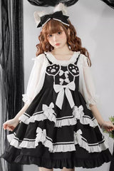 Black/White Bear Paw Print Ruffle Bowknot Sweet Princess Lolita Jsk Dress - Product - 2