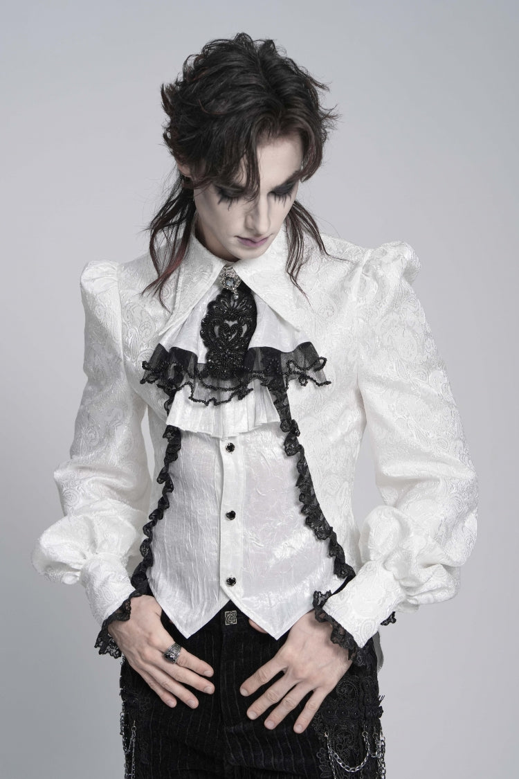 White Lapel Collar Long Sleeves Jacquard Swallow-tailed Lace Men's Gothic Palace Shirt - Product - 2