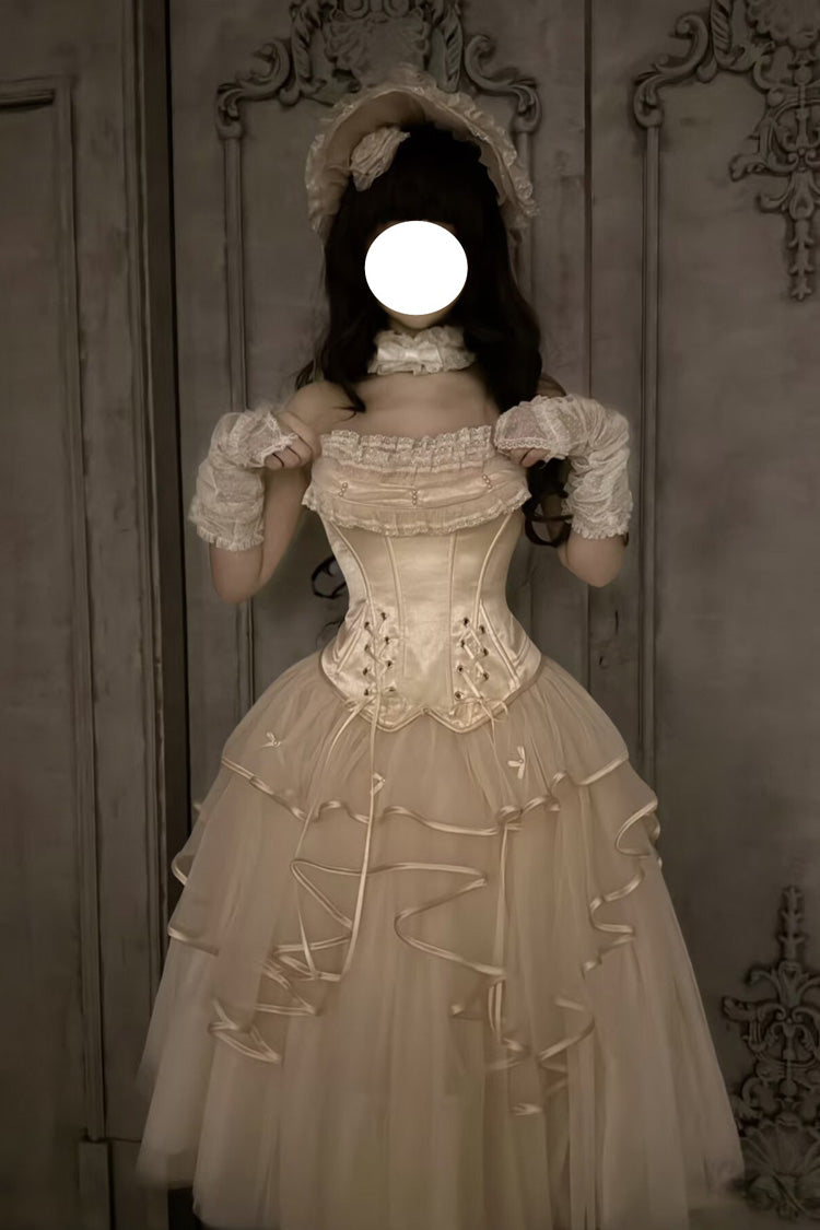 Ivory [The Summer Waves Sparkle] Square Collar Sleeveless Multi-Layered Ruffled Bow Lace-Up Slim Sweet Lolita Skirt Set - Product - 6