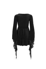 Black V-Neck Beading Lace Flared Cuffs Floral Hip Covered Long Sleeves Women's Gothic T-Shirt - Product - 8