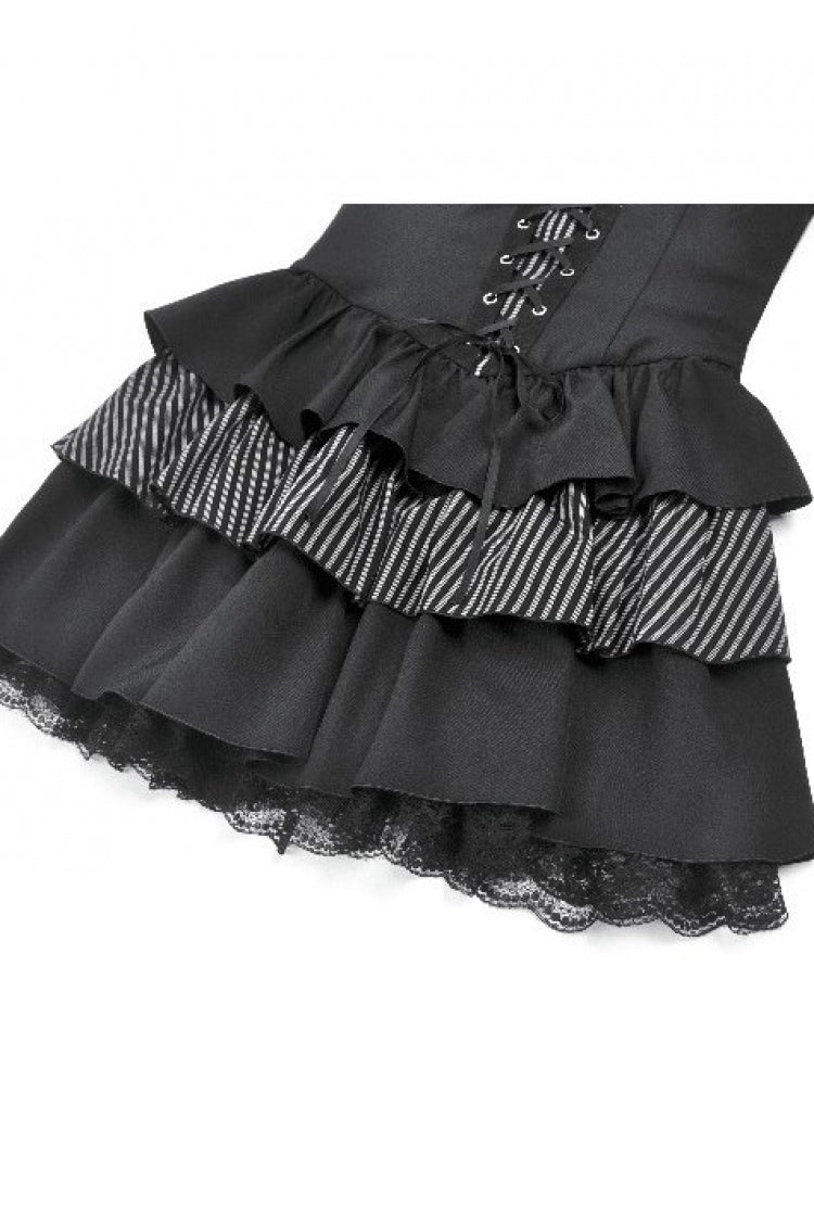 Black/White Contrast Stripes Lace-Up Multi-Layered Ruffled Hem Women's Gothic Slip Dress - Product - 12