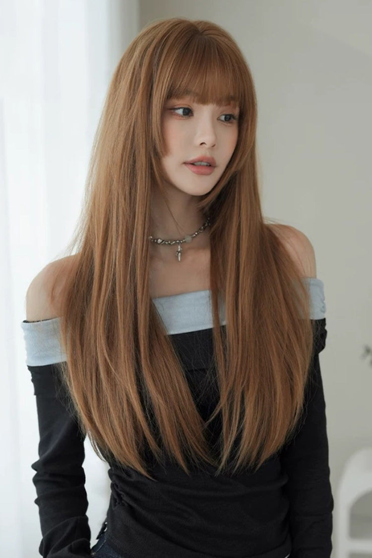 Mocha Mousse Korean Idol Chic Face-Framing Hime Cut Long Straight Wig with Full Bangs - Product - 2
