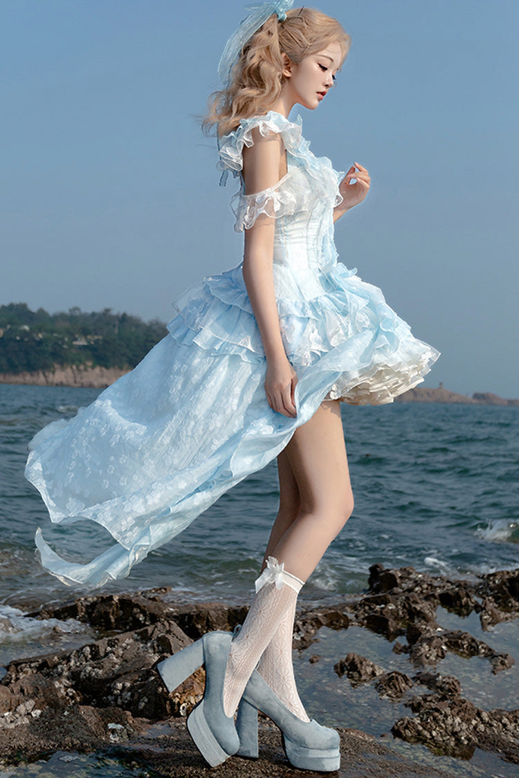 Blue [Summer of Bubbles] Sleeveless Ruffle Embroidery Lace Irregular Train Sweet Lolita Jsk Dress - Product - 2