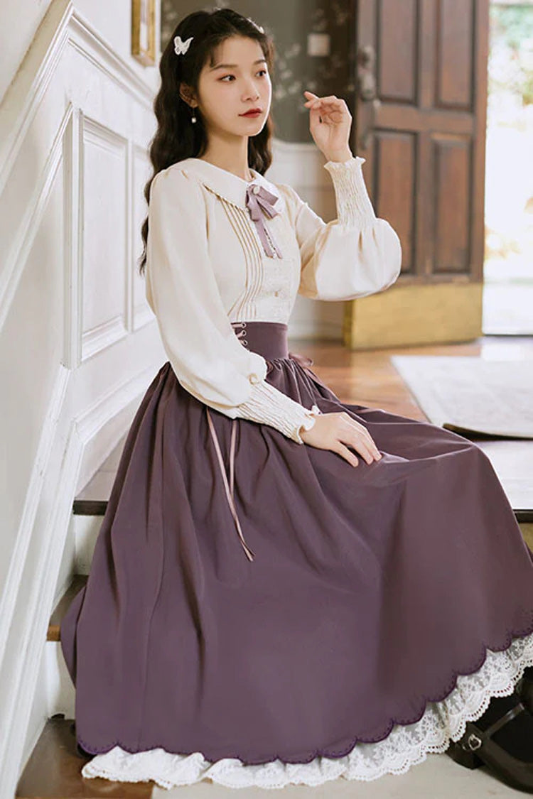 Solid Color High Waisted Lace Wave Hem Two Pieces Classic Lolita Dress - Product - 2