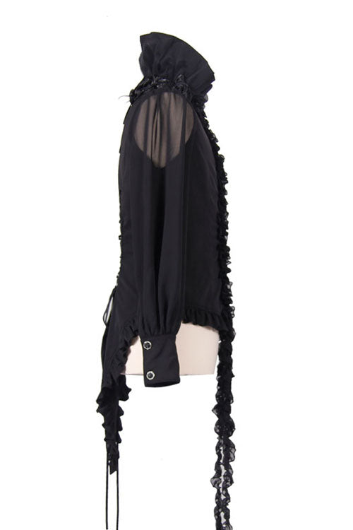 Black High Collar Lace Up Dovetail Hem Mens Gothic Blouse - Product - 6