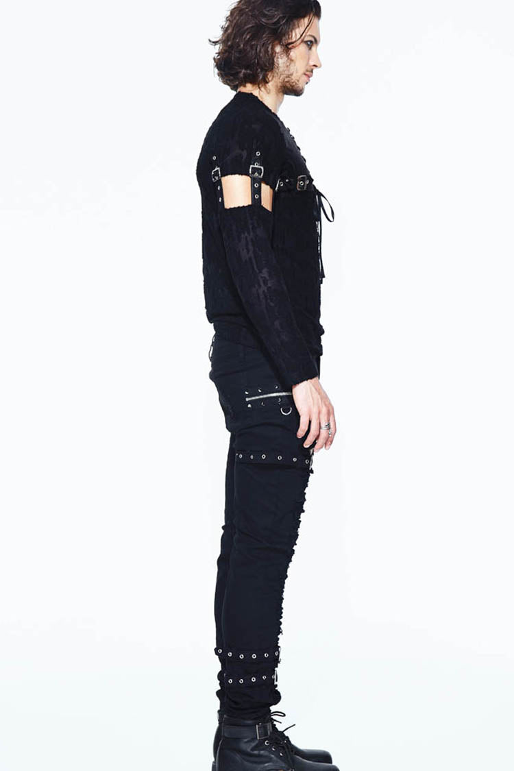 Black Leather Loop Sleeve Irregular Jacquard Knitted Chest Lace Up Removable Men's Punk Shirt - Product - 5