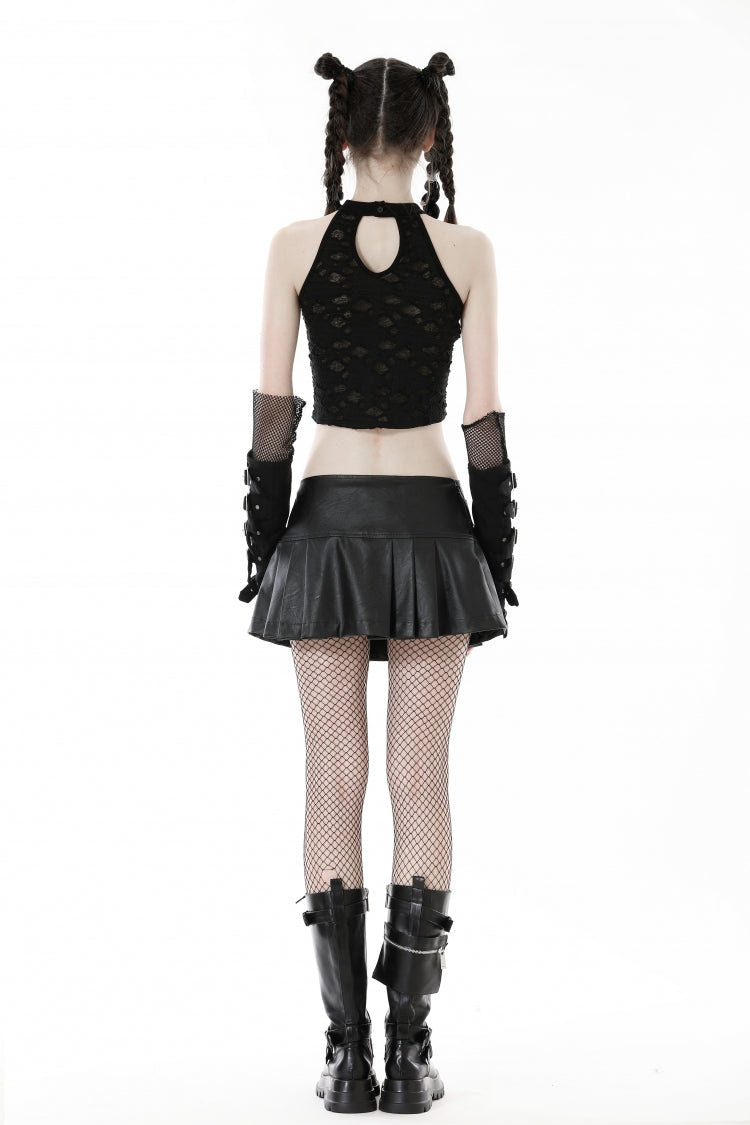 Black Halterneck Eyelet Lace-Up Ripped Women's Punk Tank Top - Product - 4