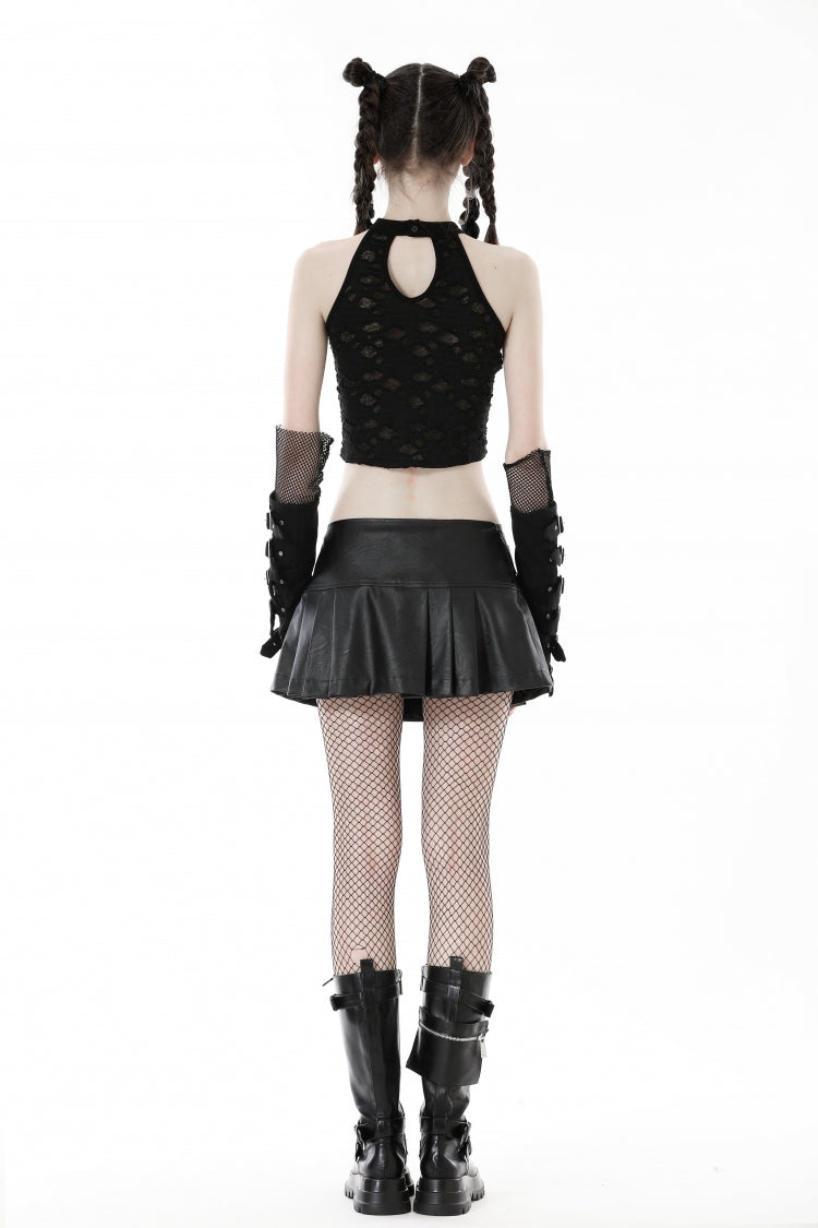 Black Halterneck Eyelet Lace-Up Ripped Women's Punk Tank Top - Product - 4