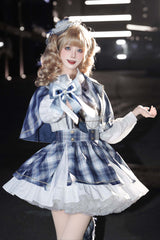 Blue [Little Starlight Idol] Lapel Collar Long Sleeves Double-Layered Printed Ruffled Bow Sweet Japanese Lolita Skirt Set - Product - 11