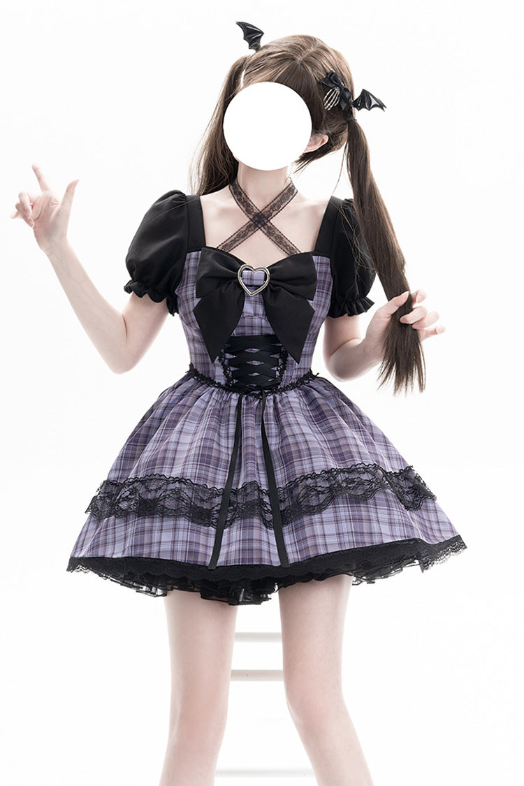 Purple [Witch Time] Short Puff Sleeves Plaid Print Bowknot Lace Sweet Lolita Dress - Product - 3