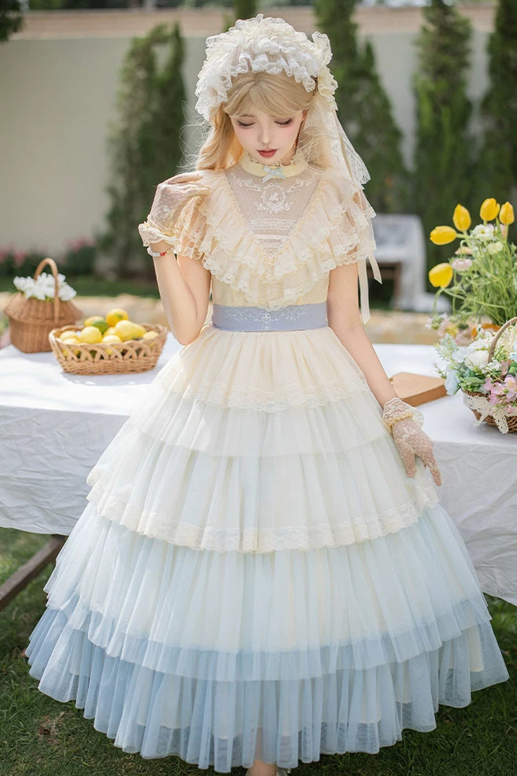 Blue [Sincere Vow] Edwardian Collar Short Sleeves Ombre Multi-Layered Ruffled Embroidered Sweet Lolita Dress - Product - 4