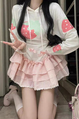 White/Pink Long Sleeves Triple-Layered Strawberry Print Hooded Sweet Lolita Dress - Product - 2