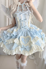 Blue [Heart of Butterfly] Halterneck Sleeveless Multi-Layered Ruffle Embroidery Princess Ballet Lolita Jsk Dress Set - Blue - 1