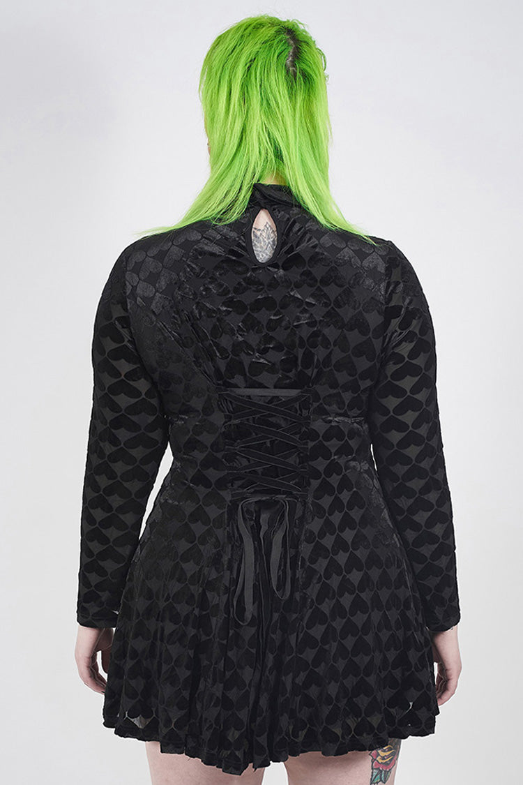 Black Front Chest Hollow-Out Decals Long Sleeve Back Waist Lace-Up Plus Size Mercerized Velvet Print Women's Gothic Dress - Product - 3