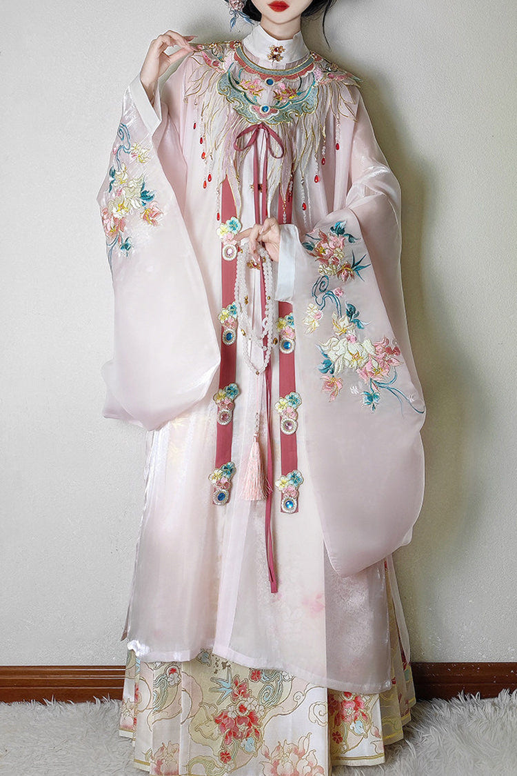 Pink [Fragrant Flower Rain] Round Collar Long Sleeves High Waisted Printed Embroidered Women's Classic Hanfu Dress Set - Product - 2