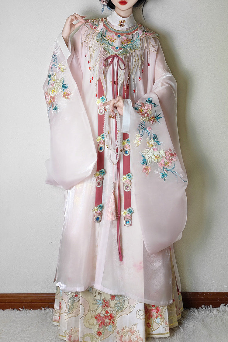 Pink [Fragrant Flower Rain] Round Collar Long Sleeves High Waisted Printed Embroidered Women's Classic Hanfu Dress Set - Product - 2