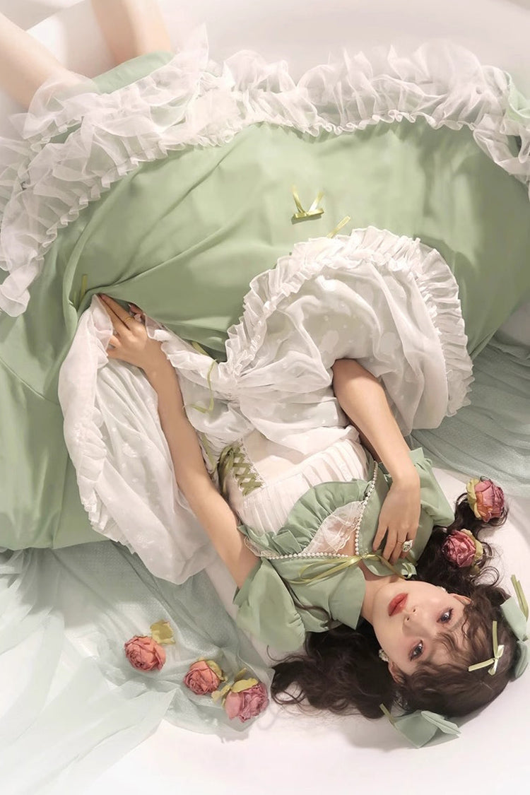Green Multi-layer Ruffle Hanayome Lace Lace-Up Plus Size Sweet Lolita Jsk Dress (Long Version) - Product - 7