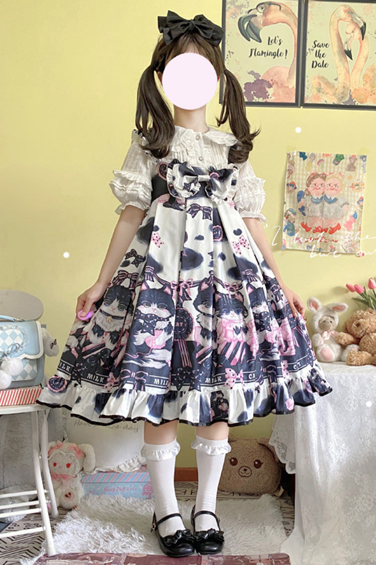 Multi-Color Cow Cat Print Ruffle Bowknot Sweet Lolita Jsk Dress - Multi-Color - 1