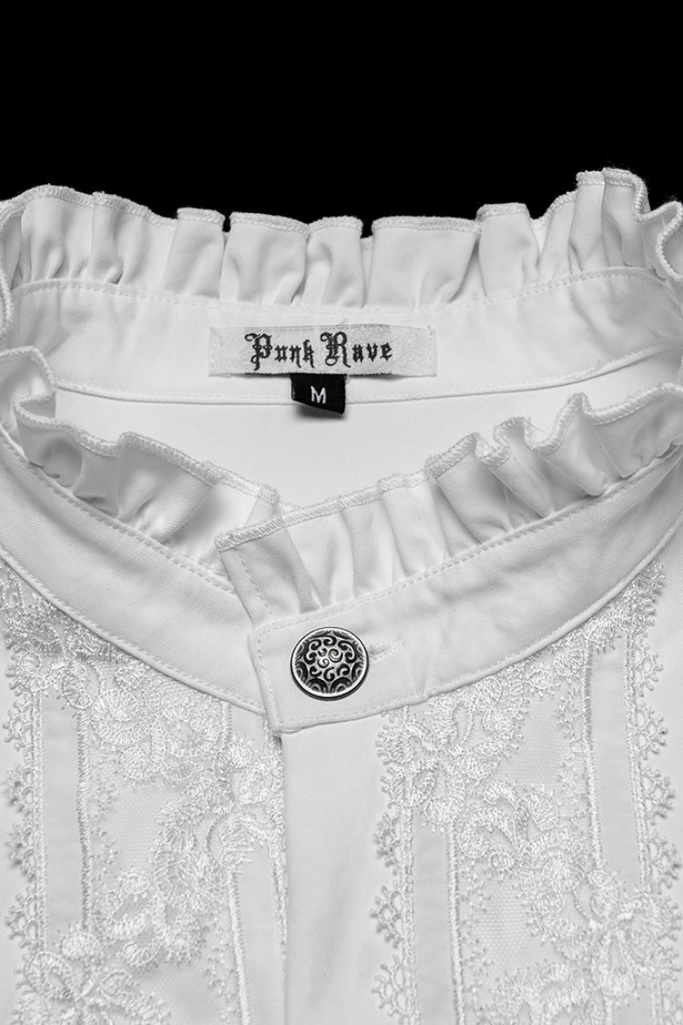White Stand Collar Long Sleeves Ruffle Embroidery Pleated Men's Gothic Blouse - Product - 5