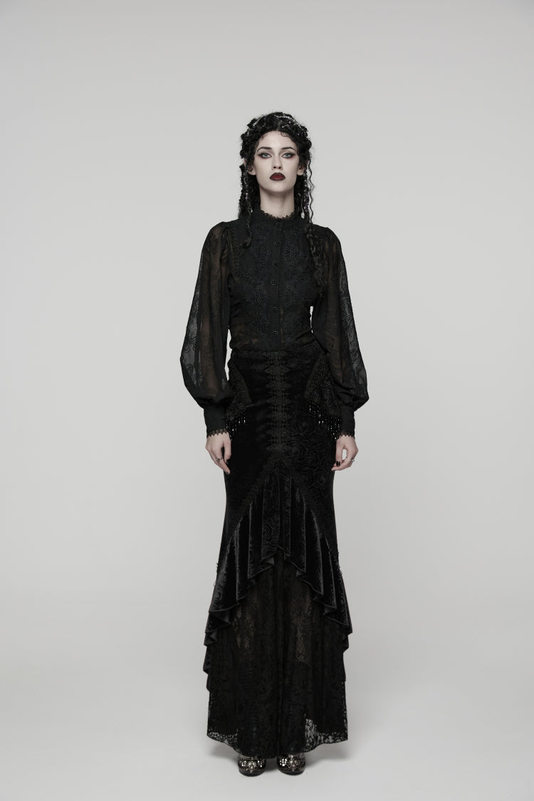 Black Printed Cut-Out Embroidered Lace Slim Irregular Women's Gothic Gorgeous Palace Cosplay Fishtail Skirt - Black - 1