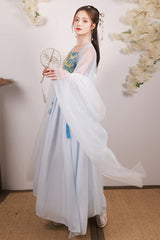Blue Chinese Style Song Dynasty Fairy Long Embroidered Sweet Hanfu Dress Full Set - Product - 4