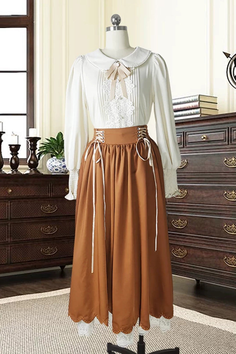 Blue Lapel Collar Long Sleeves High Waisted Lace-Up Wave Hem Classic Lolita Two-Piece Skirt Set - Brown - 9