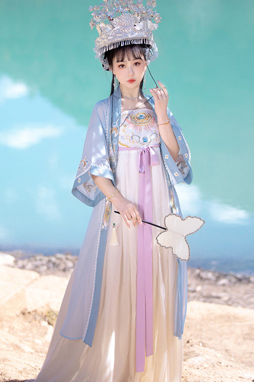 Chinese Tang Dynasty Design Style Embroidered Chiffon Short Sleeves Sweet Hanfu Dress - Blue - 4