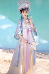 Chinese Tang Dynasty Design Style Embroidered Chiffon Short Sleeves Sweet Hanfu Dress - Blue - 4