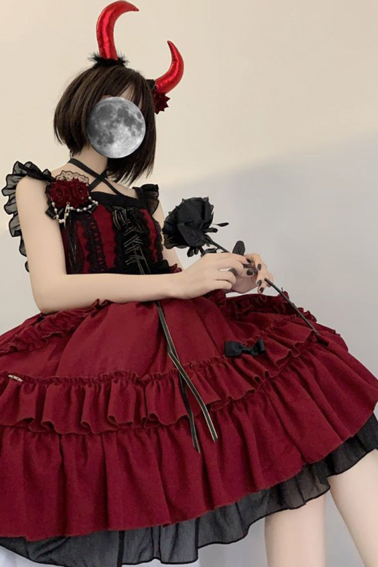 Red [Seven Deadly Sins - Wrath] Double-Layered Ruffle Stitching Lace Gothic Lolita Jsk Dress - Product - 5