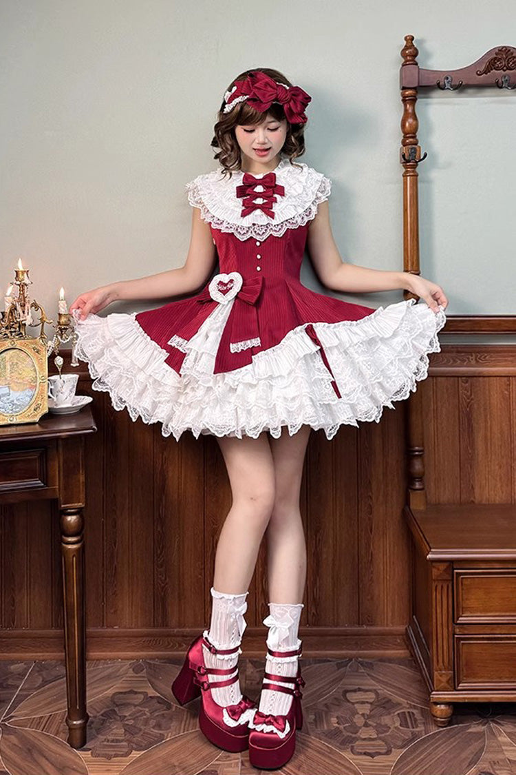 Red [Miss Tsundere] Sleeveless Multi-Layered Ruffle Bowknot Lace Asymmetric Sweet Princess Lolita Dress - Product - 10