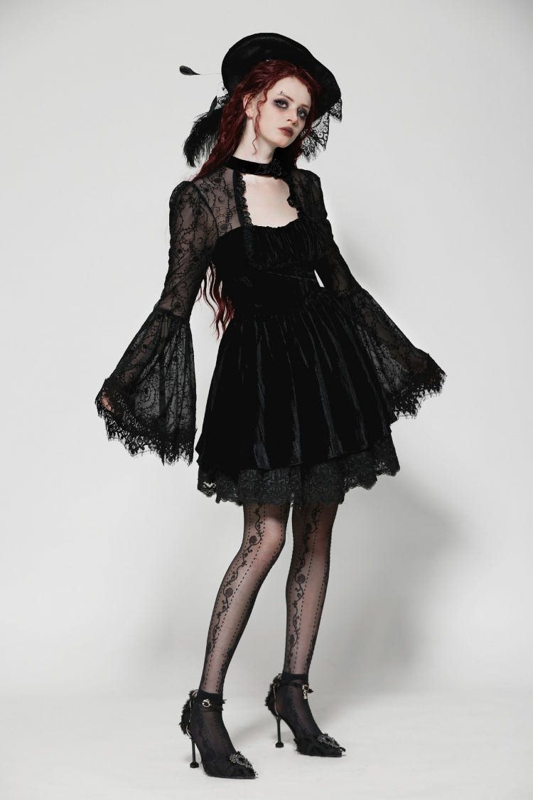 Black Lace Long Trumpet Puff Sleeves Floral Jacquard Cut-Out Lace-Up Women's Gothic Short Dress - Product - 11