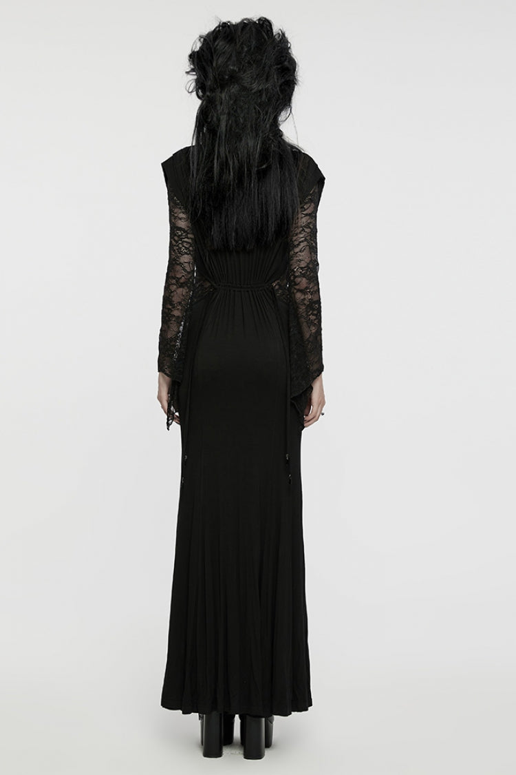 Black V Collar Long Sleeves Stitching Lace Women's Gothic Drawstring Honeymoon Dress - Product - 3