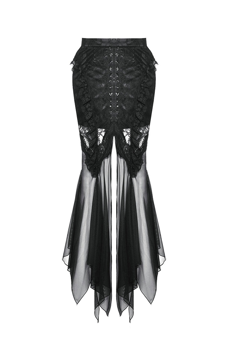 Black Lace-Up Mesh Spliced Lace Women's Gothic Fishtailed Skirt - Product - 3